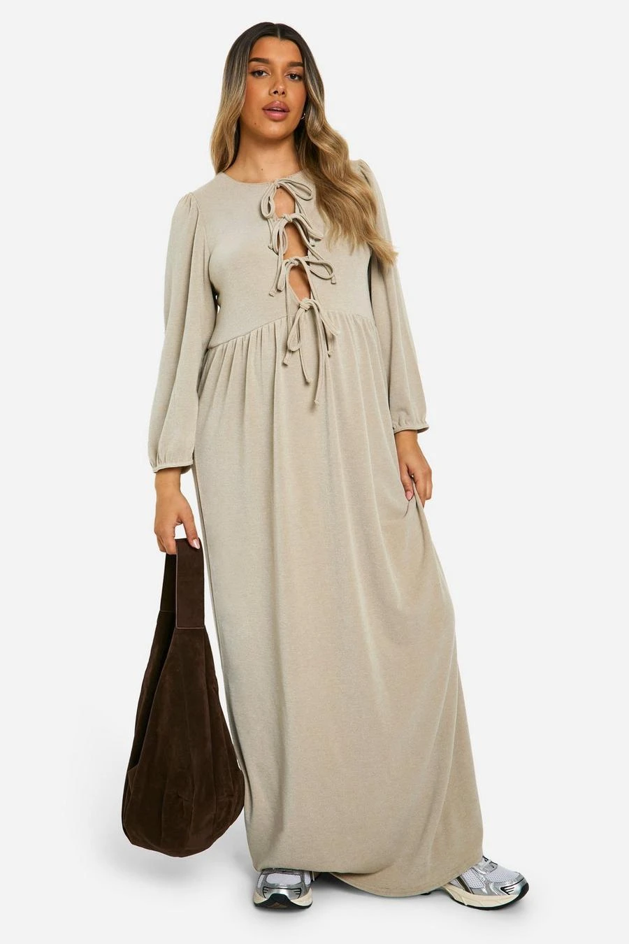 BOOHOO Maternity Textured Rib Tie Front Smock Frill Hem Long Sleeve Maxi Dress 1 BOOHOO Maternity Textured Rib Tie Front Smock Frill Hem Long Sleeve Maxi Dress