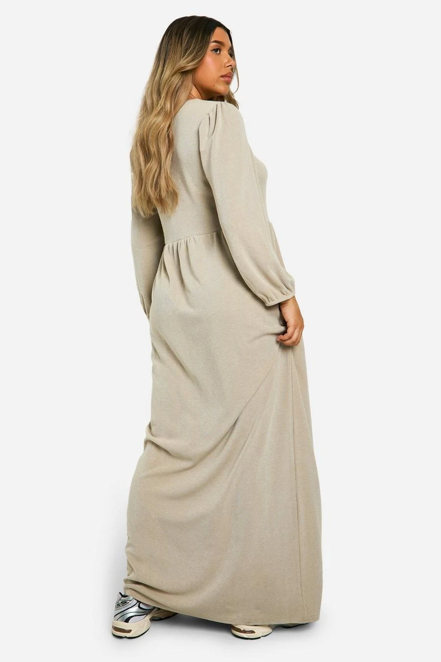 BOOHOO Maternity Textured Rib Tie Front Smock Frill Hem Long Sleeve Maxi Dress 2 BOOHOO Maternity Textured Rib Tie Front Smock Frill Hem Long Sleeve Maxi Dress - Image 2