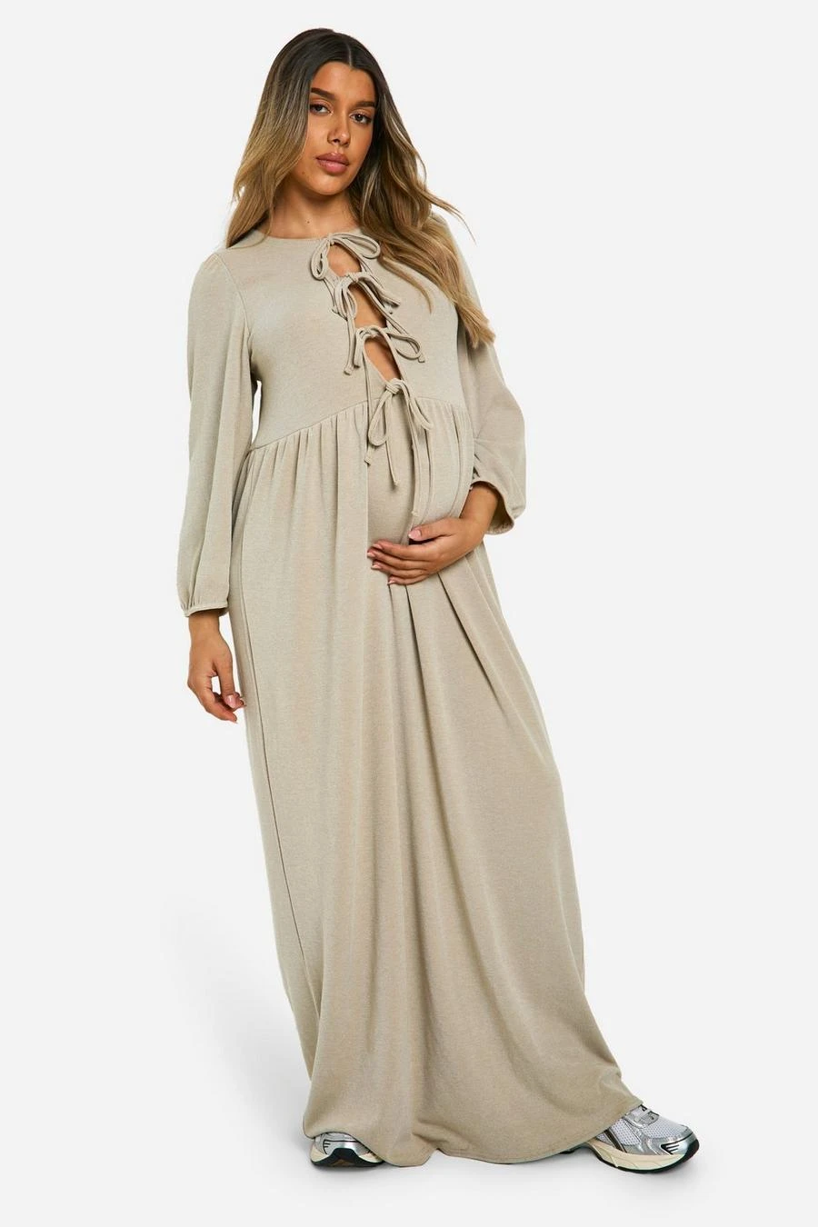 BOOHOO Maternity Textured Rib Tie Front Smock Frill Hem Long Sleeve Maxi Dress 3 BOOHOO Maternity Textured Rib Tie Front Smock Frill Hem Long Sleeve Maxi Dress - Image 3
