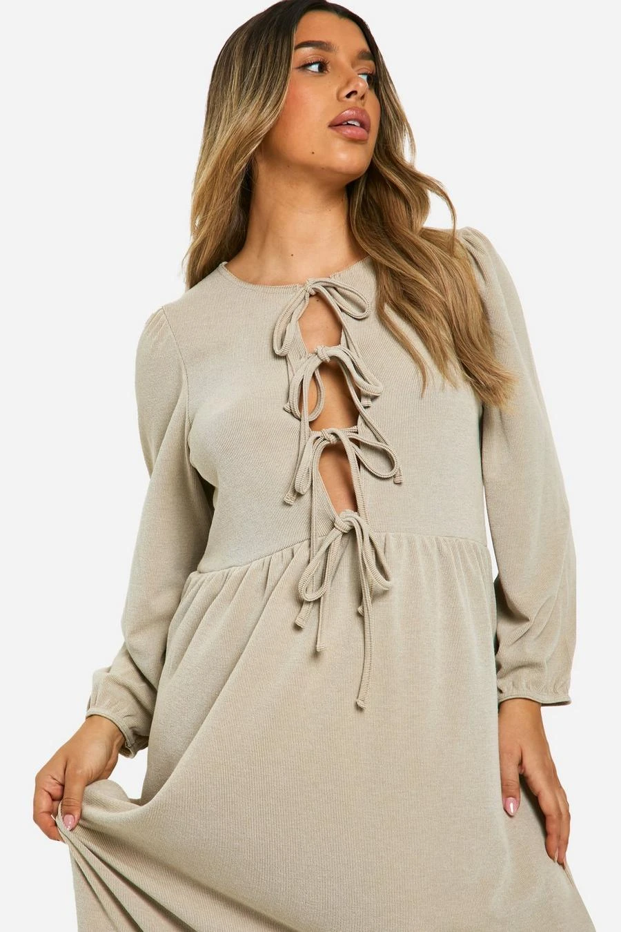 BOOHOO Maternity Textured Rib Tie Front Smock Frill Hem Long Sleeve Maxi Dress 4 BOOHOO Maternity Textured Rib Tie Front Smock Frill Hem Long Sleeve Maxi Dress - Image 4