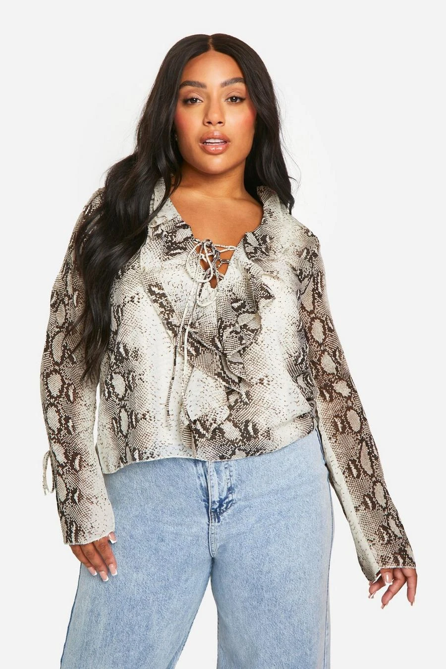 BOOHOO Plus Snake Chiffon Ruffle Blouse 1 BOOHOO Plus Snake Chiffon Ruffle Blouse