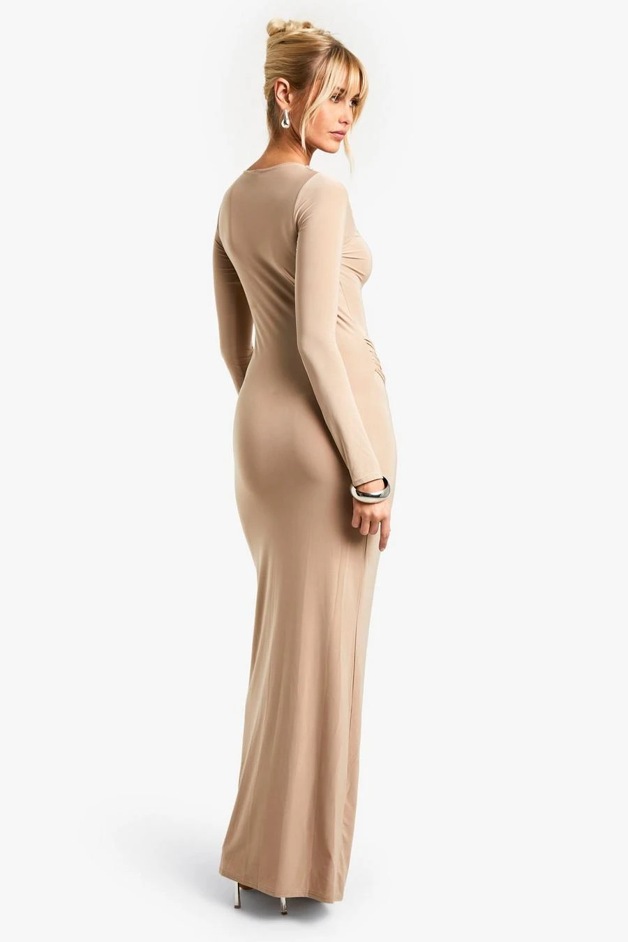 BOOHOO Ruched Slinky Slash Neck Maxi Dress 2 BOOHOO Ruched Slinky Slash Neck Maxi Dress - Image 2