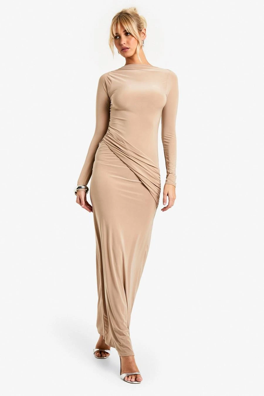 BOOHOO Ruched Slinky Slash Neck Maxi Dress 3 BOOHOO Ruched Slinky Slash Neck Maxi Dress - Image 3
