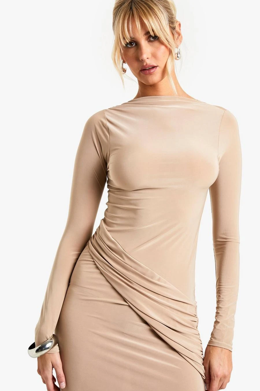 BOOHOO Ruched Slinky Slash Neck Maxi Dress 4 BOOHOO Ruched Slinky Slash Neck Maxi Dress - Image 4