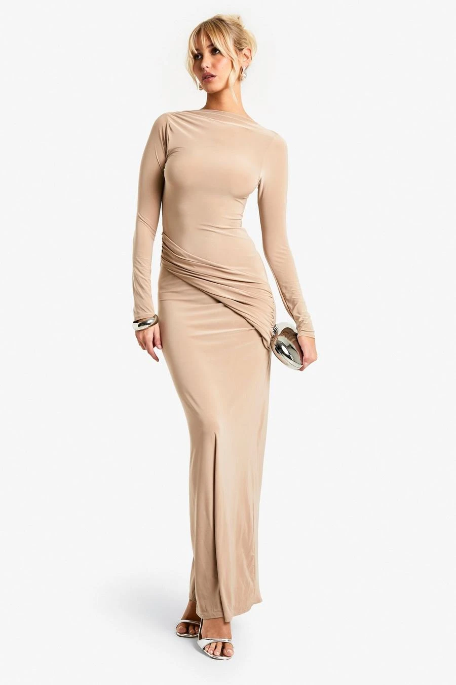 BOOHOO Ruched Slinky Slash Neck Maxi Dress 1 BOOHOO Ruched Slinky Slash Neck Maxi Dress