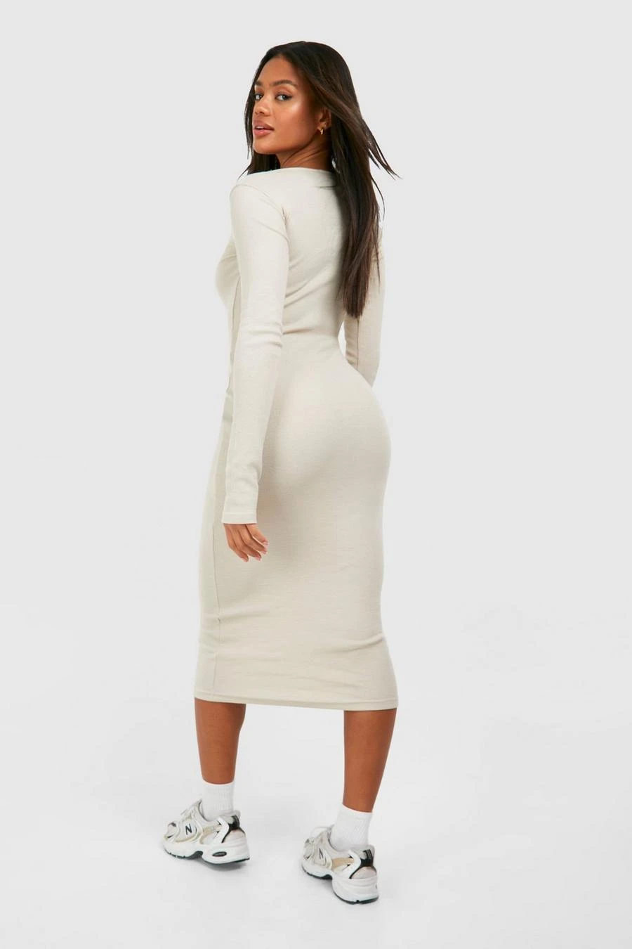 BOOHOO Slash Neck Long Sleeve Rib Midi Dress 2 BOOHOO Slash Neck Long Sleeve Rib Midi Dress - Image 2