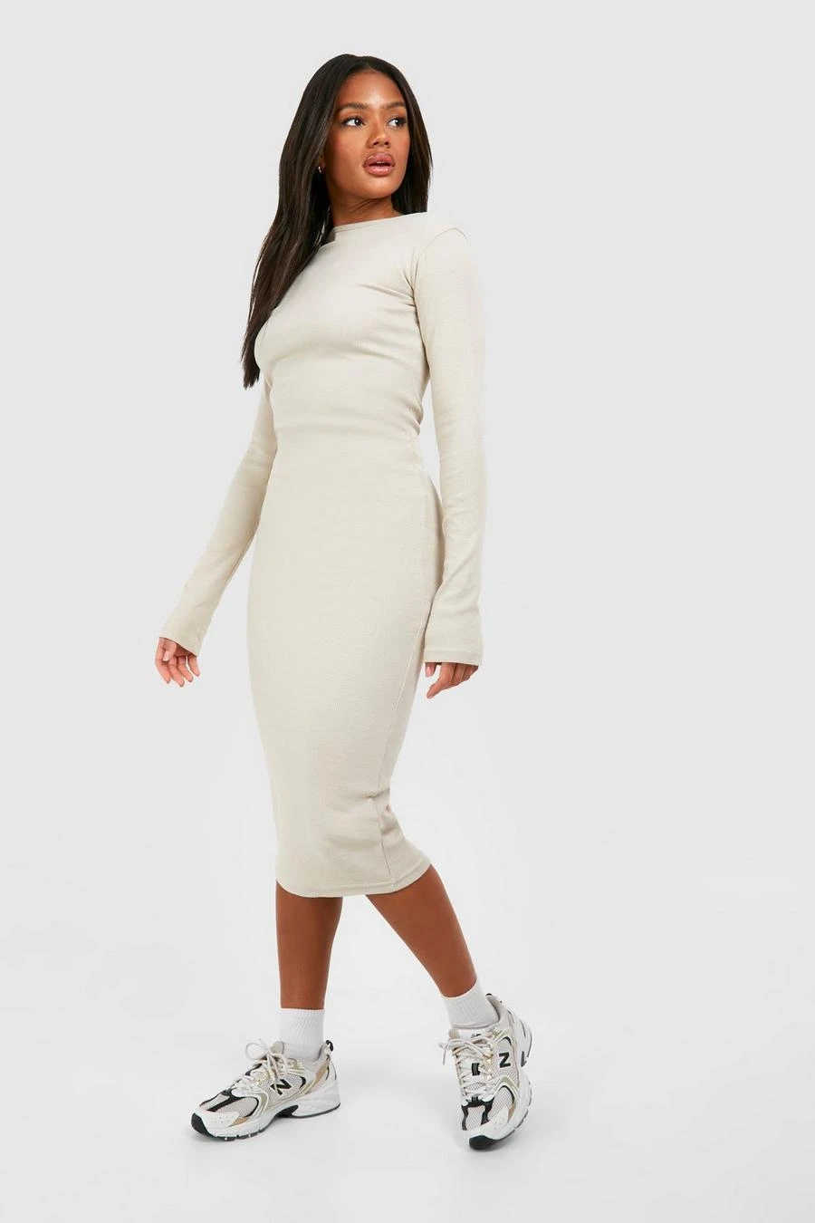 BOOHOO Slash Neck Long Sleeve Rib Midi Dress 3 BOOHOO Slash Neck Long Sleeve Rib Midi Dress - Image 3