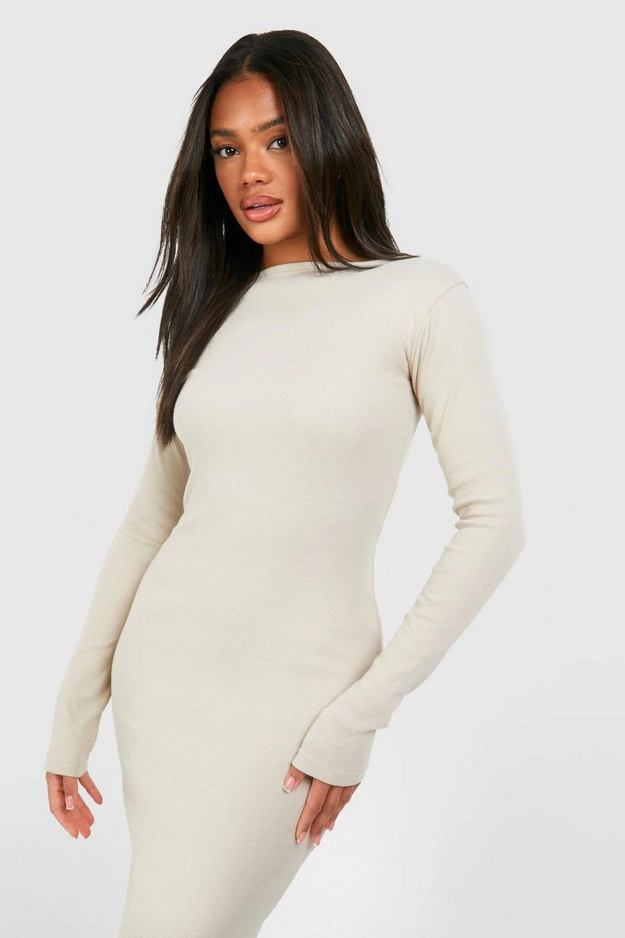BOOHOO Slash Neck Long Sleeve Rib Midi Dress 4 BOOHOO Slash Neck Long Sleeve Rib Midi Dress - Image 4