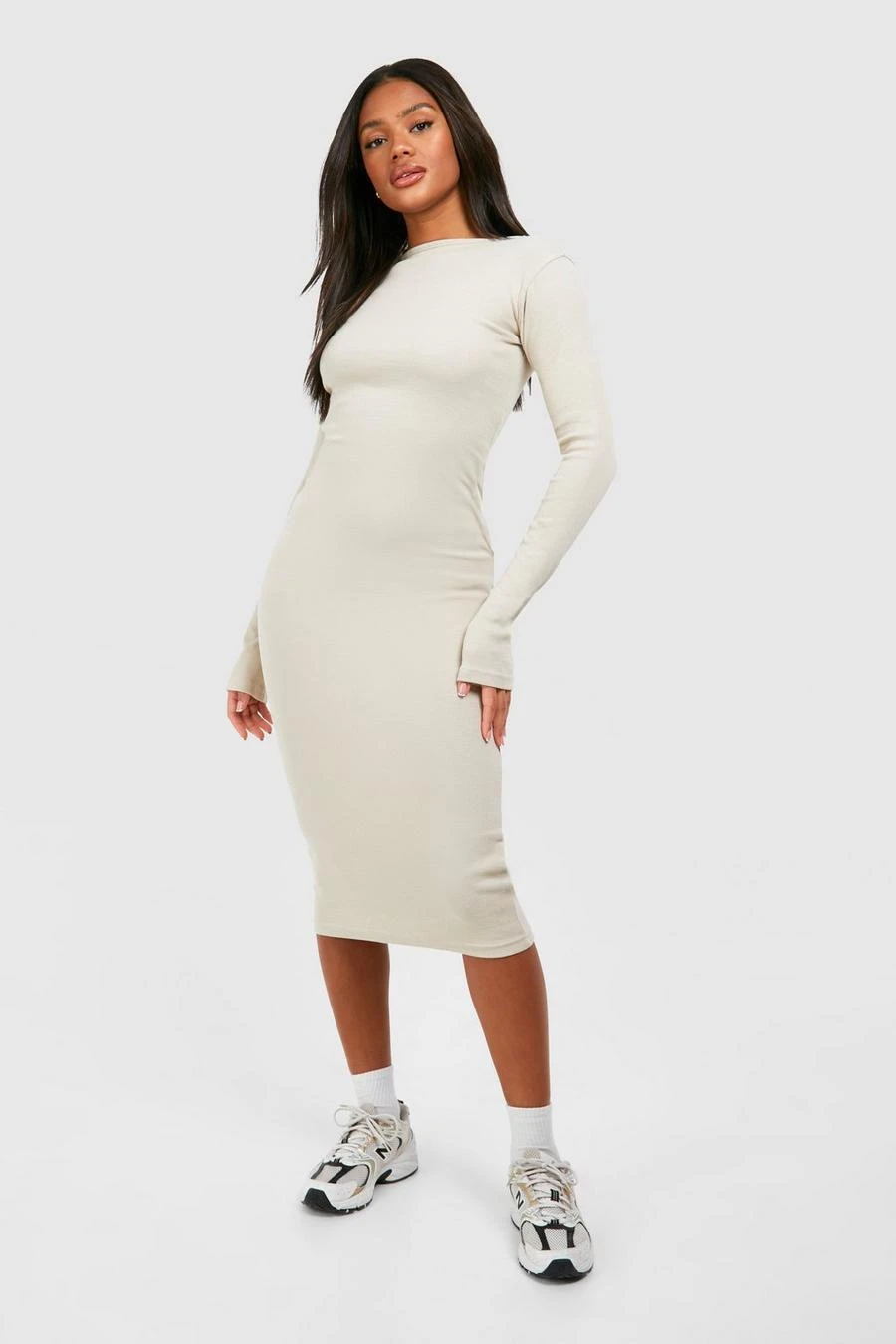 BOOHOO Slash Neck Long Sleeve Rib Midi Dress 1 BOOHOO Slash Neck Long Sleeve Rib Midi Dress