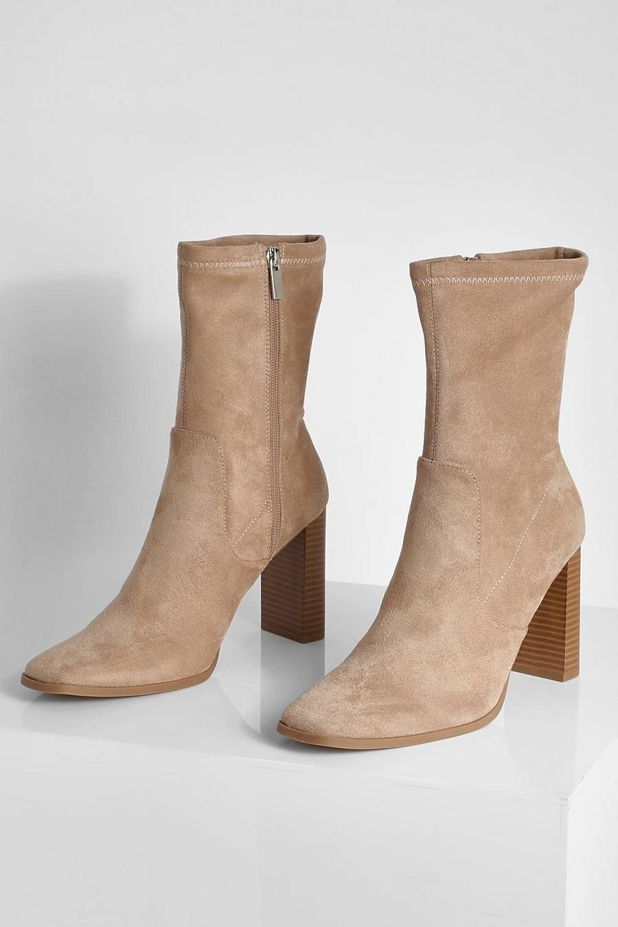 BOOHOO Faux Suede Square Toe Heeled Sock Boots 3 BOOHOO Faux Suede Square Toe Heeled Sock Boots - Image 3