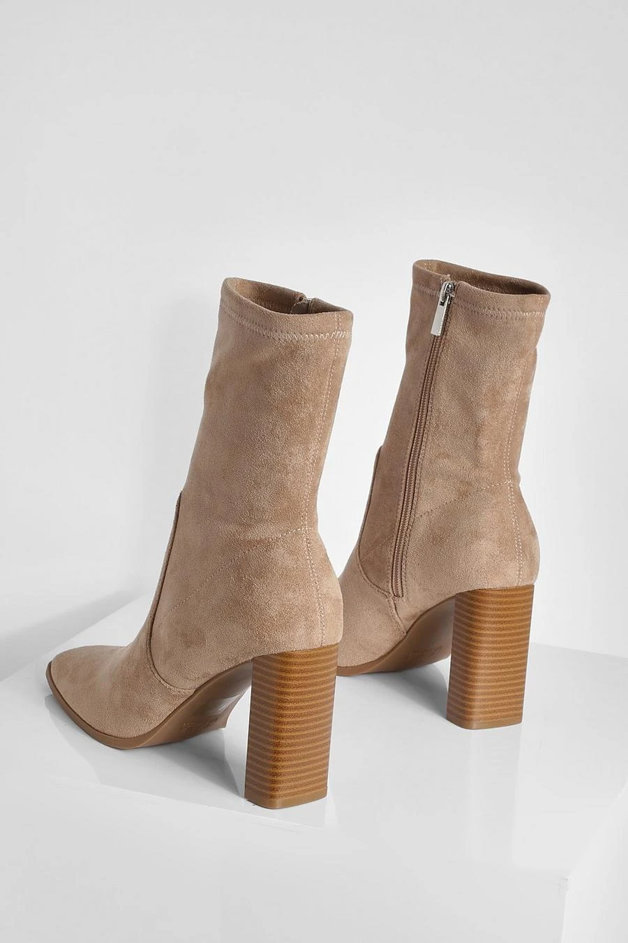BOOHOO Faux Suede Square Toe Heeled Sock Boots 4 BOOHOO Faux Suede Square Toe Heeled Sock Boots - Image 4