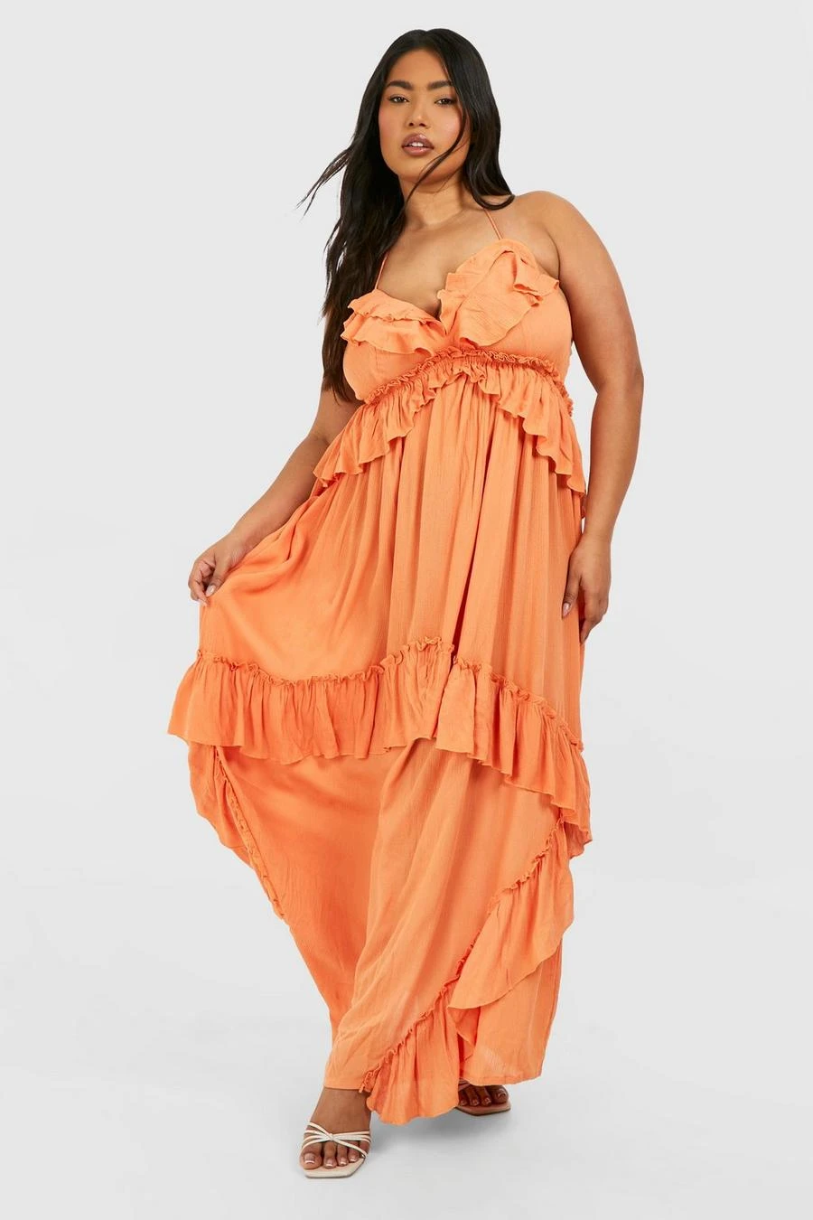 BOOHOO Plus Cheesecloth Ruffle Frill Detail Strappy Maxi Dress 1 BOOHOO Plus Cheesecloth Ruffle Frill Detail Strappy Maxi Dress