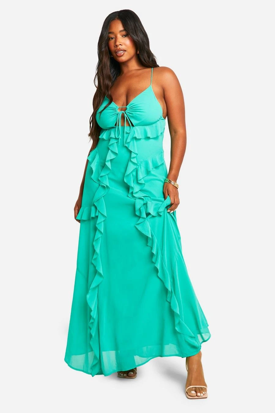 BOOHOO Plus Strappy Cut Out Ruffle Front Maxi Dress 1 BOOHOO Plus Strappy Cut Out Ruffle Front Maxi Dress