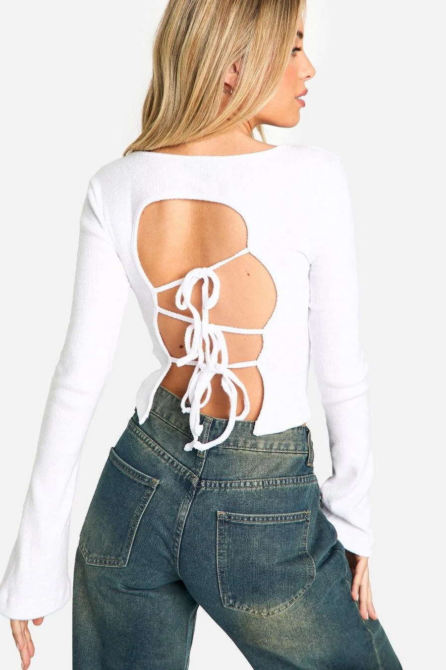 BOOHOO Brushed Rib Tie Back Detail Long Sleeve Top 1 BOOHOO Brushed Rib Tie Back Detail Long Sleeve Top
