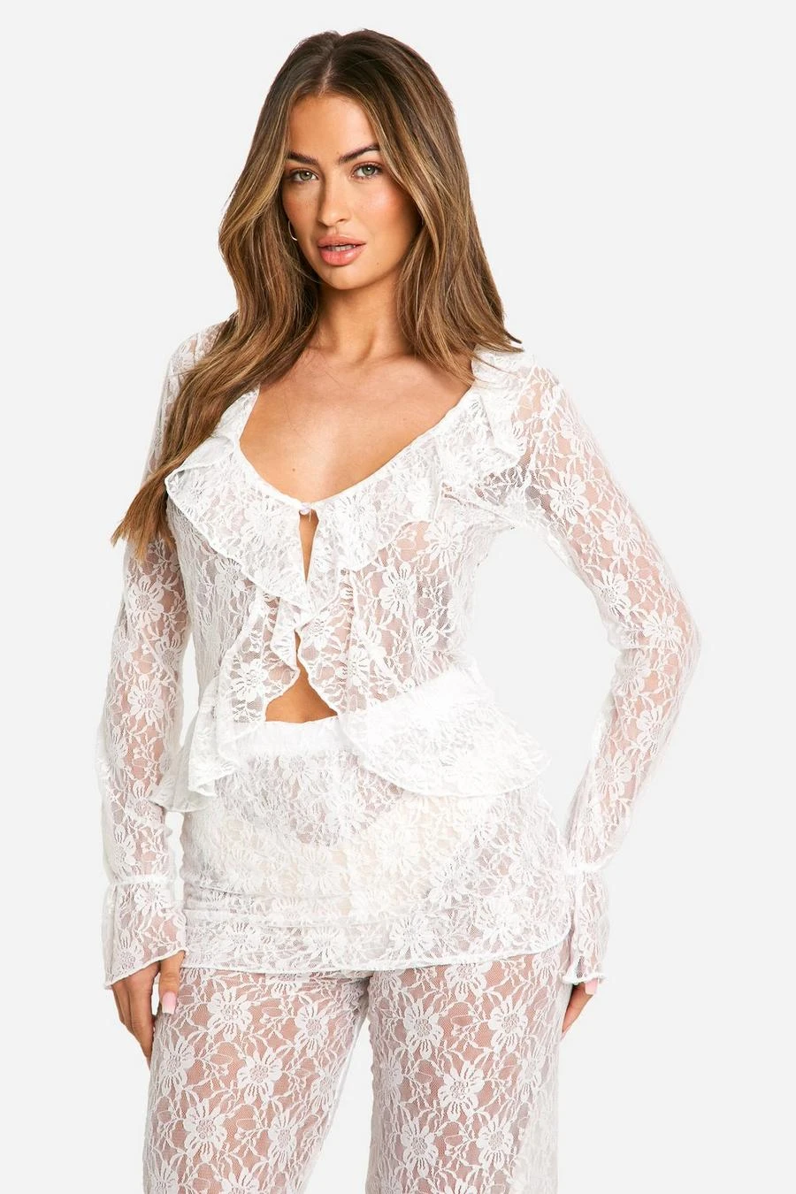 BOOHOO Lace Tie Front Flare Sleeve Blouse 1 BOOHOO Lace Tie Front Flare Sleeve Blouse