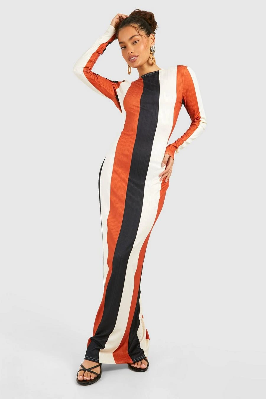 BOOHOO Low Back Scoop Stripe Rib Maxi Dress 1 BOOHOO Low Back Scoop Stripe Rib Maxi Dress