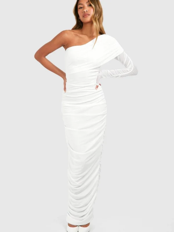 Outlet 6 Outlet -BamBam Fashion Shop female white one shoulder rouched mesh maxi dress 2