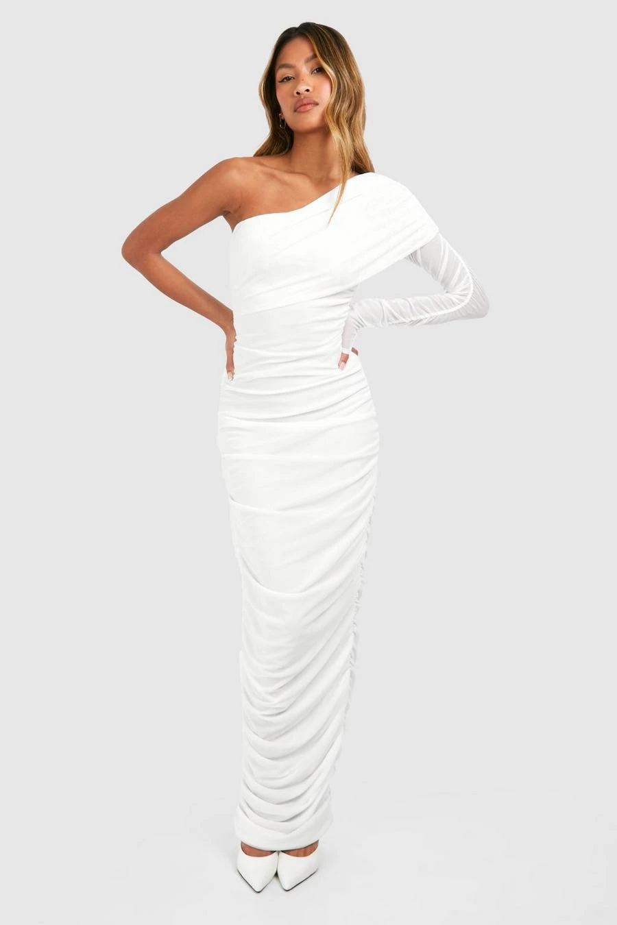 BOOHOO One Shoulder Rouched Mesh Maxi Dress 3 BOOHOO One Shoulder Rouched Mesh Maxi Dress - Image 3