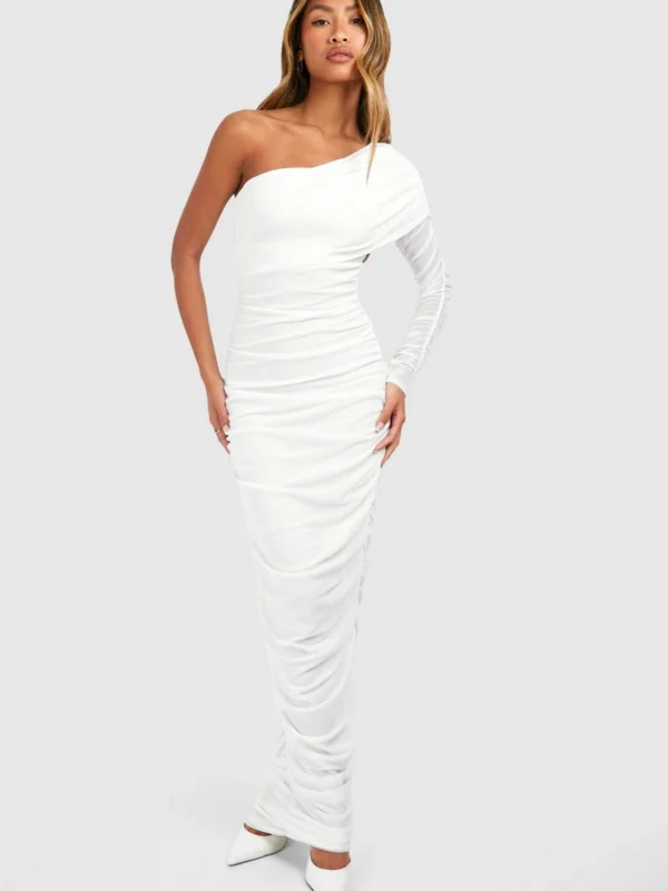 Outlet 4 Outlet -BamBam Fashion Shop female white one shoulder rouched mesh maxi dress