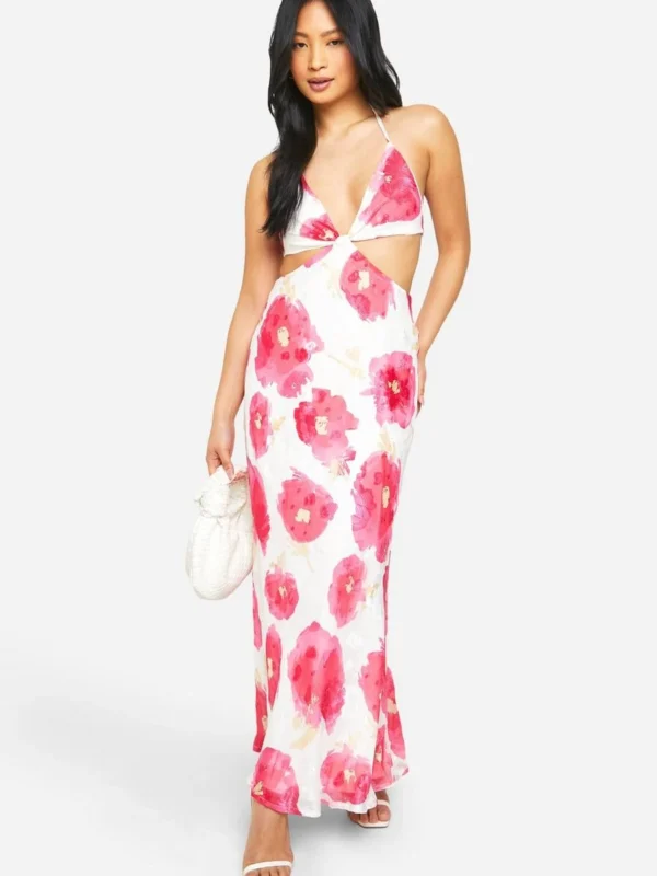 Outlet -BamBam Fashion Shop female white petite chiffon jacquard floral cut out maxi dress 2