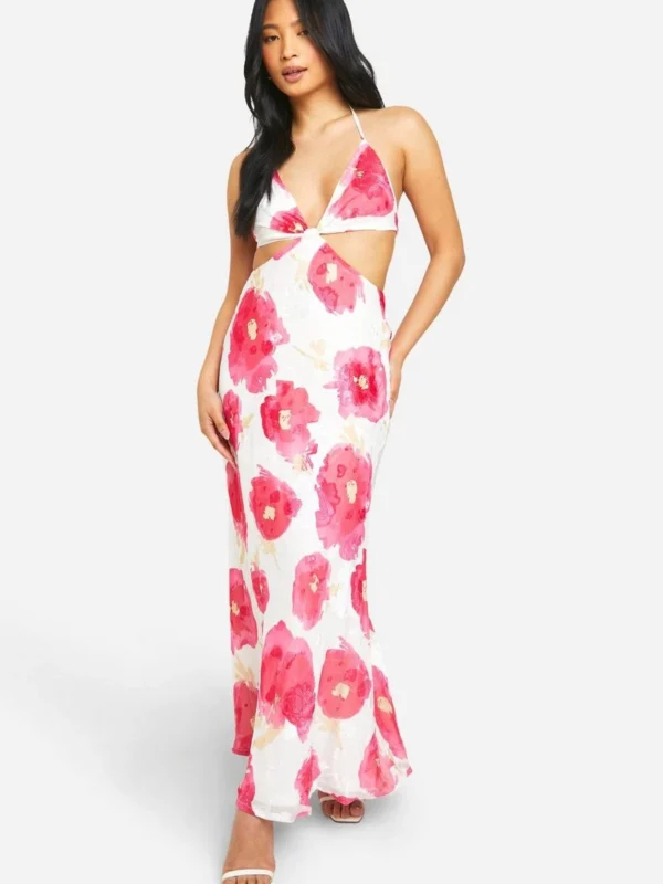 Outlet -BamBam Fashion Shop female white petite chiffon jacquard floral cut out maxi dress