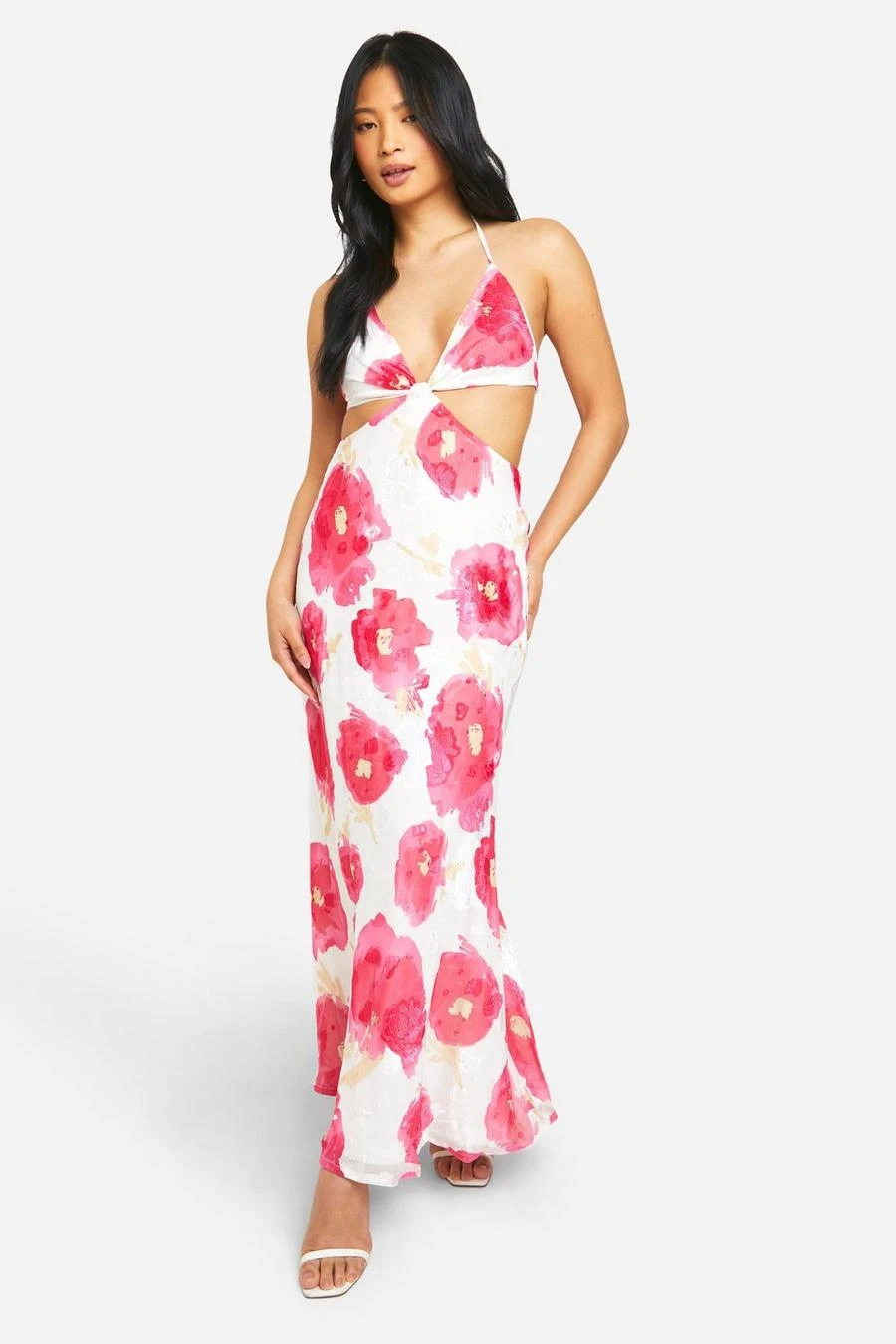 BOOHOO Petite Chiffon Jacquard Floral Cut Out Maxi Dress 1 BOOHOO Petite Chiffon Jacquard Floral Cut Out Maxi Dress