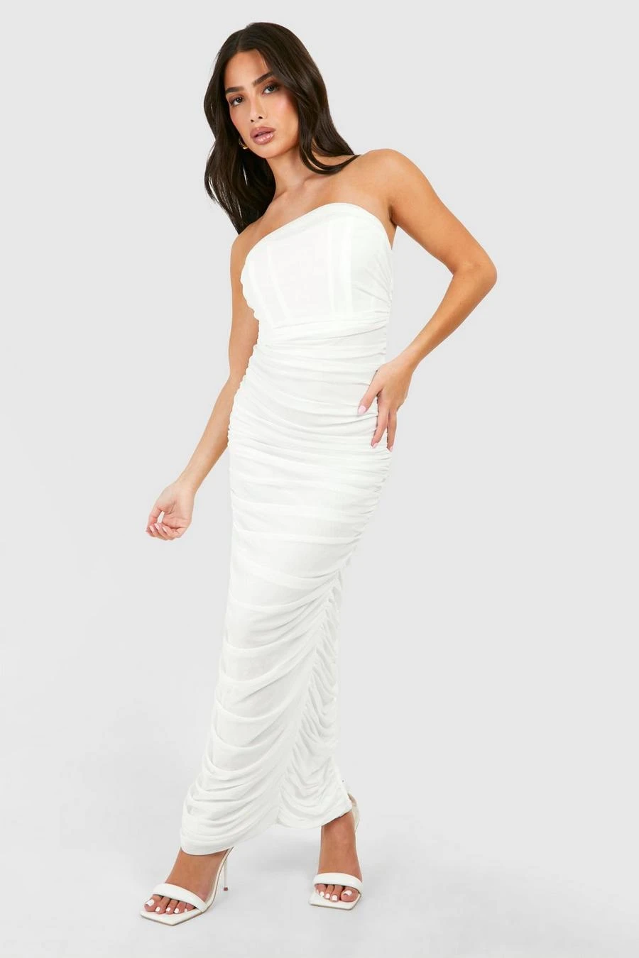 BOOHOO Petite Mesh Bandeau Ruched Maxi Dress 1 BOOHOO Petite Mesh Bandeau Ruched Maxi Dress