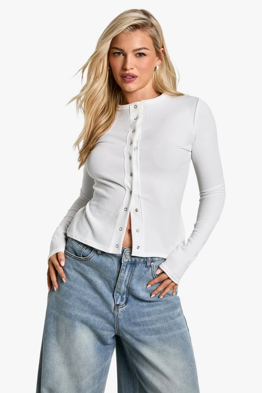 BOOHOO Rib Popper Front Long Sleeve Top 1 BOOHOO Rib Popper Front Long Sleeve Top