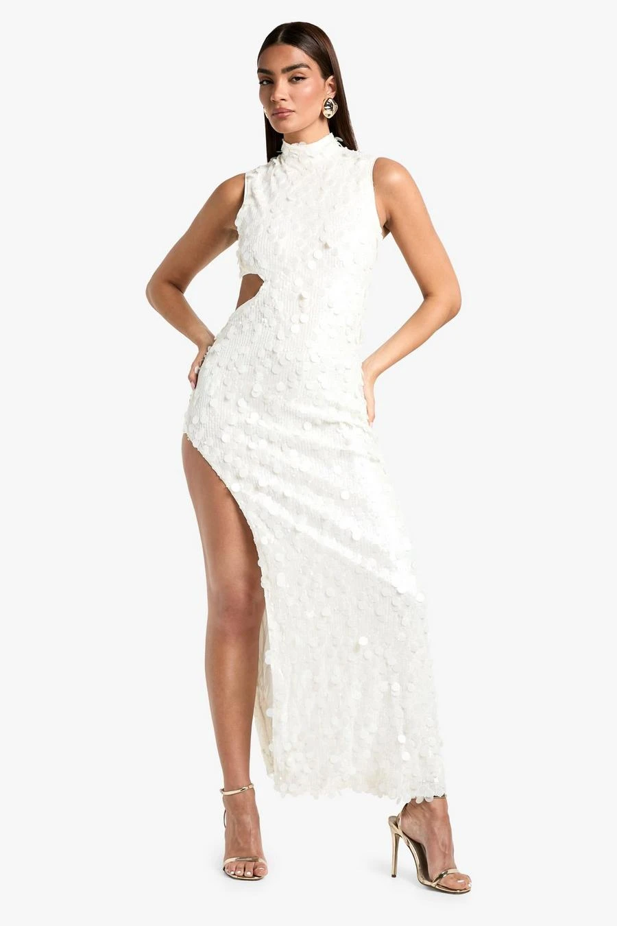BOOHOO Sequin High Neck Cut Out Split Leg Maxi Dress 3 BOOHOO Sequin High Neck Cut Out Split Leg Maxi Dress - Image 3