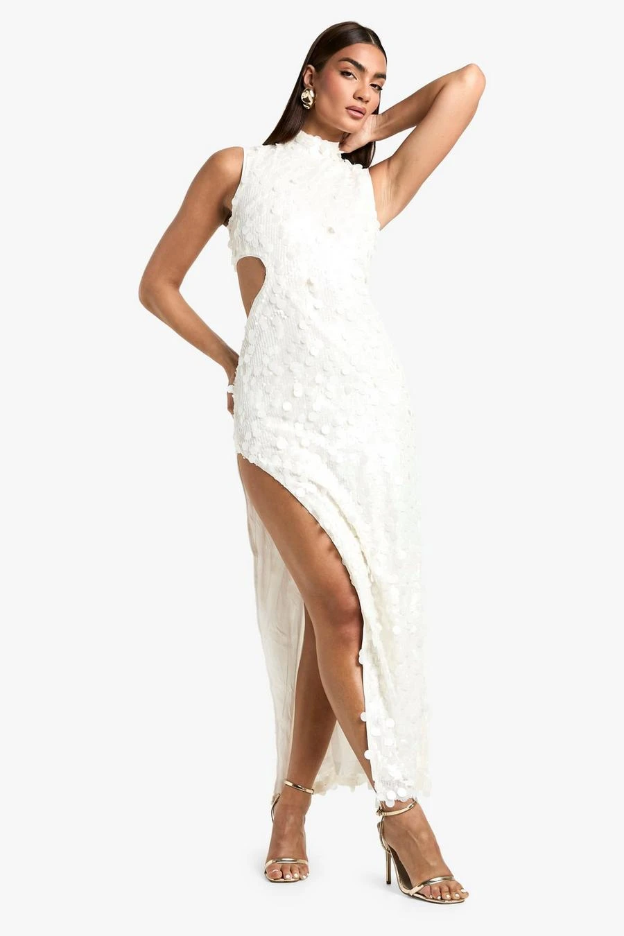 BOOHOO Sequin High Neck Cut Out Split Leg Maxi Dress 1 BOOHOO Sequin High Neck Cut Out Split Leg Maxi Dress