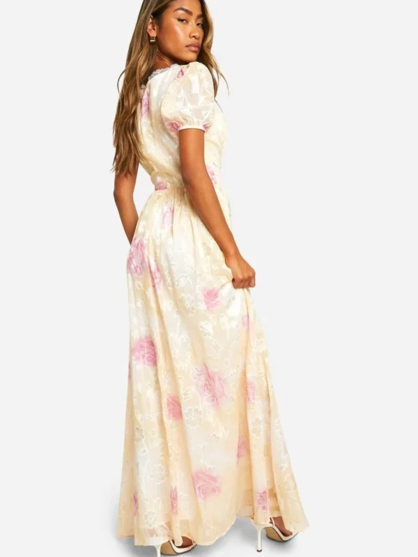 Outlet -BamBam Fashion Shop female yellow floral jacquard puff sleeve milkmaid maxi dress 1