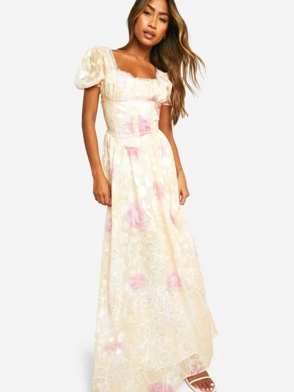 Outlet -BamBam Fashion Shop female yellow floral jacquard puff sleeve milkmaid maxi dress 2