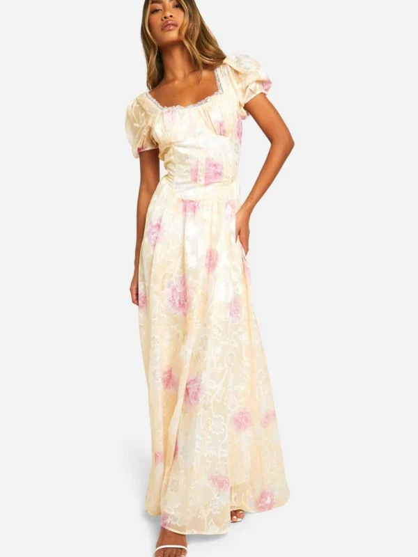 Outlet -BamBam Fashion Shop female yellow floral jacquard puff sleeve milkmaid maxi dress